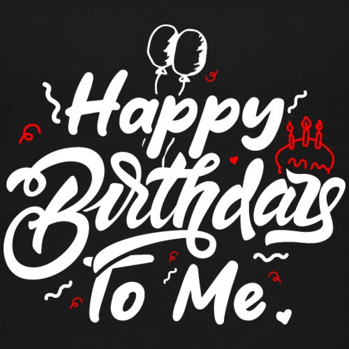 Happy Birthday To Me' with balloons and a cake on a black background