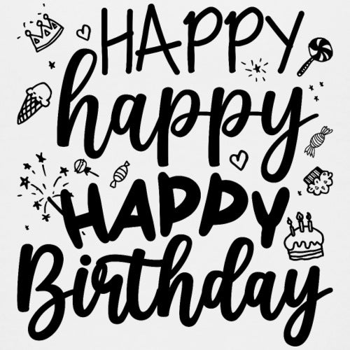 Happy Birthday text with decorative elements on a white background