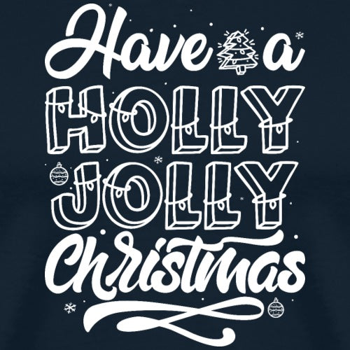 Navy blue shirt with white 'Holly Jolly Christmas' text and festive graphics on a dark background