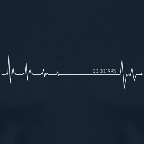 Heartbeat line design with a date on a navy background