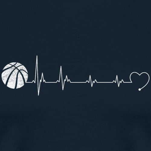 Heartbeat line with basketball and heart symbol on a navy background