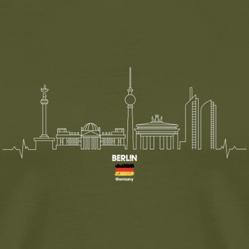 Simplified line art of Berlin's skyline on a green t-shirt with 'BERLIN Germany' text.