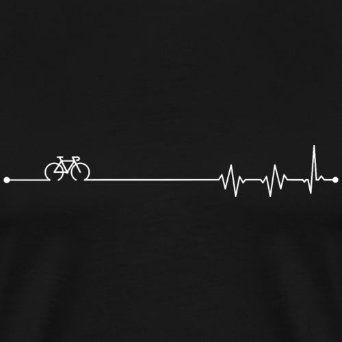 Men’s premium t-shirt featuring white bicycle and heartbeat line graphic on black background, ideal for cycling enthusiasts and minimalist sportswear fashion