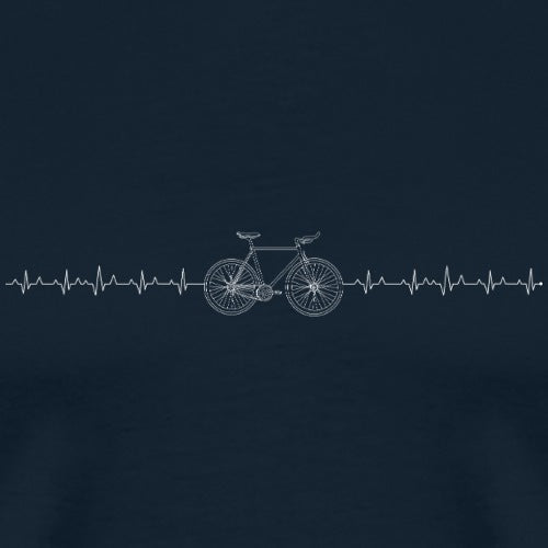 Navy blue t-shirt with a white bicycle and heartbeat line design on a black background