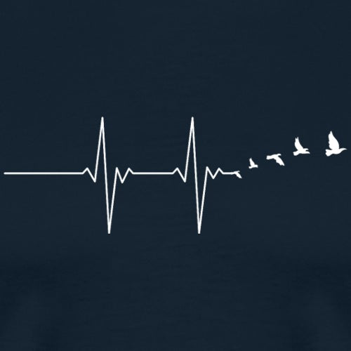 Heartbeat line with birds in formation on a navy background