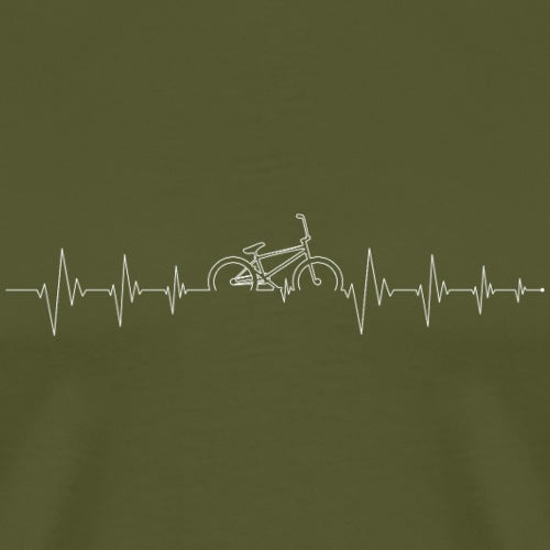 Heartbeat line design with a bicycle in the center on a green background