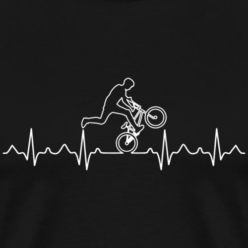 White line art of a cyclist on a heartbeat line design on a black background