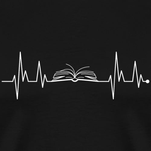 Heartbeat line design with an open book in the center on a black background