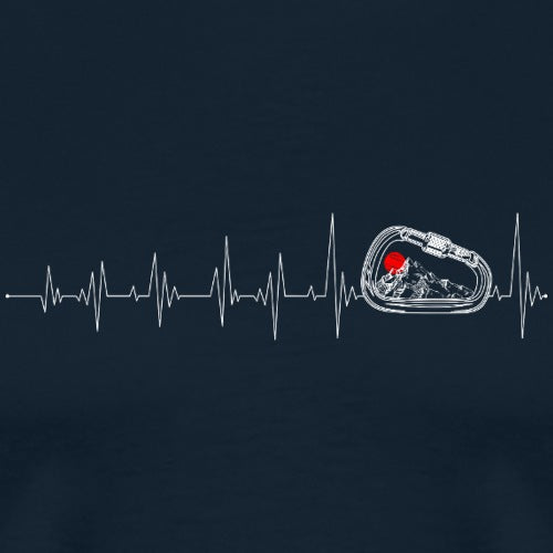 Heartbeat line with a climbing carabiner and red piton on a navy background