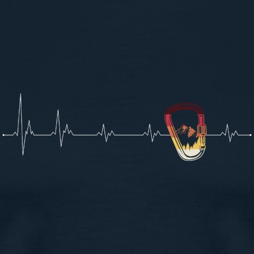 Heartbeat line with a carabiner and mountain design on a dark background