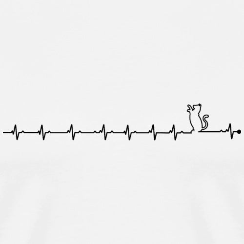 Men’s premium t-shirt featuring heartbeat line ending with cat silhouette on white background, perfect for cat lovers and minimalist pet-themed fashion