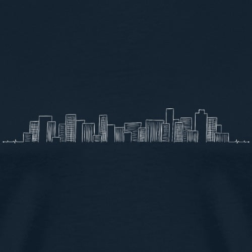 City skyline silhouette on a dark blue background