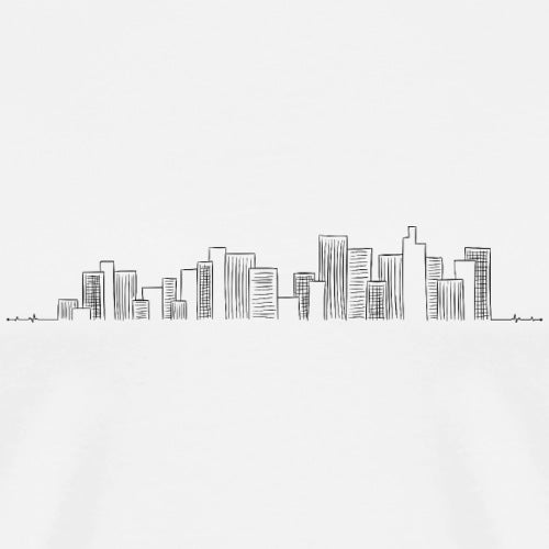 Simple black line drawing of a city skyline on a white background