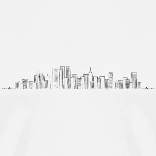 Black line drawing of a city skyline on a white background
