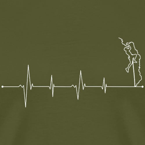 Heartbeat line design with a silhouette of a person on a dark green shirt