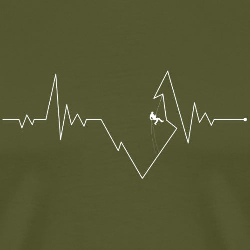 Mountain climbing silhouette with heartbeat line on a green background