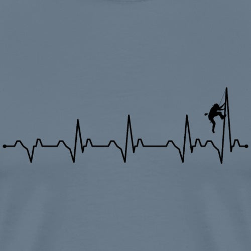 Heartbeat line design with a silhouette of a person climbing on a blue shirt.