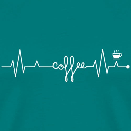 Teal t-shirt with white line art design of a coffee cup and heartbeat on a teal background