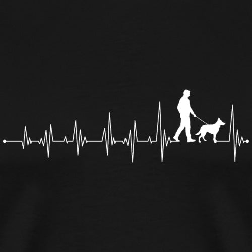 Heartbeat line design with a person and dog silhouette on a black background