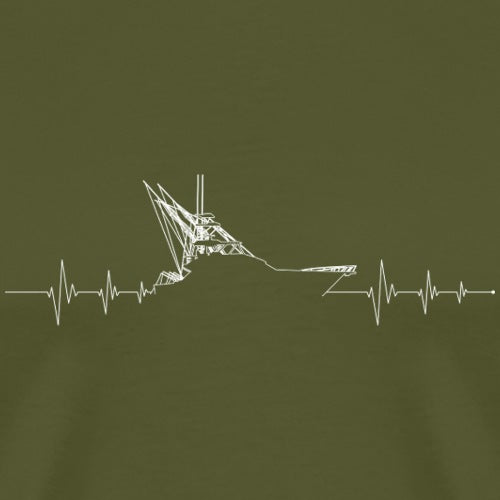 Design of a boat with a heart rate line on a green background