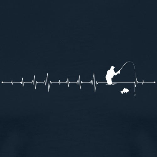 White silhouette of a fisherman and fish on a dark blue background with a heartbeat line.