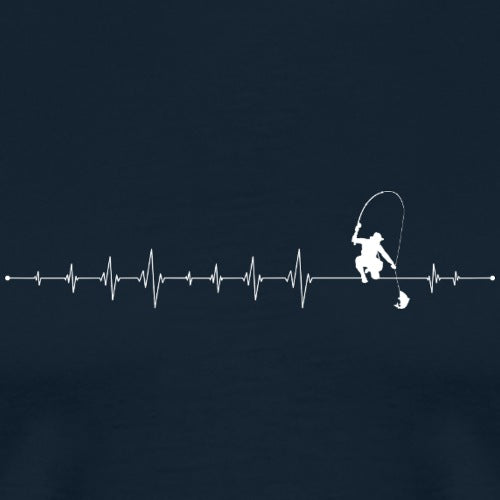 Heartbeat line with a silhouette of a person fishing on a navy background