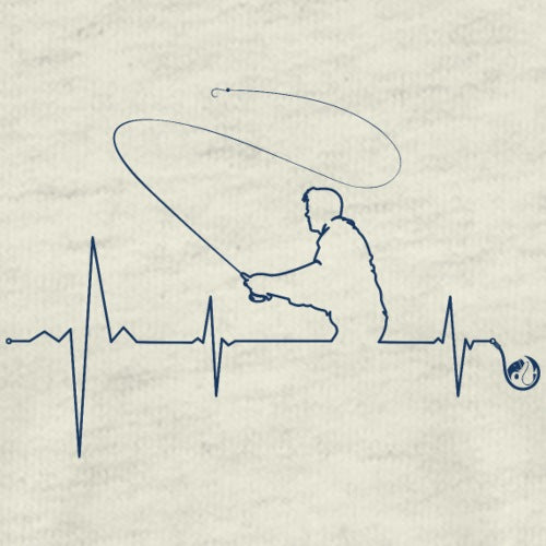Outline of a person sitting with a fishing rod, heart rate monitor, and heartbeat line on a textured beige background.