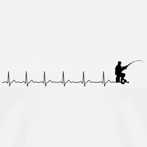 Silhouette of a person fishing with a heart rate line below on a white background