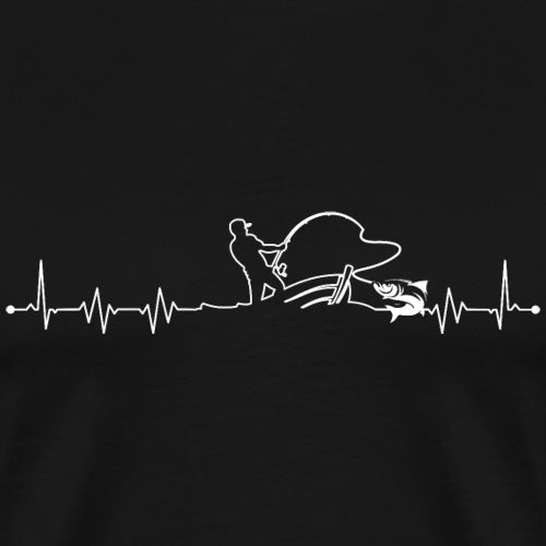 Black t-shirt with white line art design of a fisherman and fish, heartbeat line, on a black background.