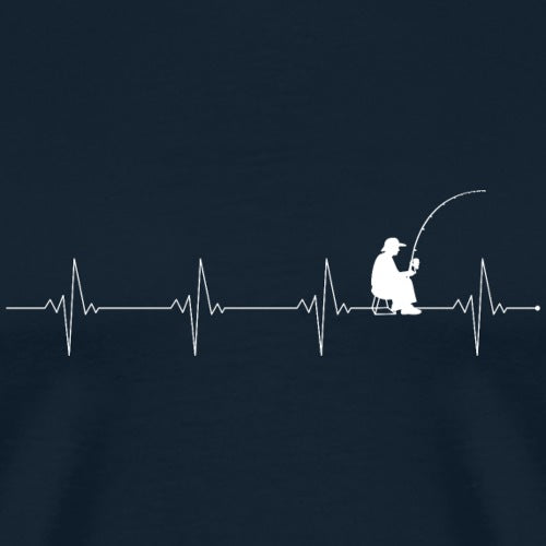 Navy blue t-shirt with white silhouette of a person fishing and heartbeat line design.