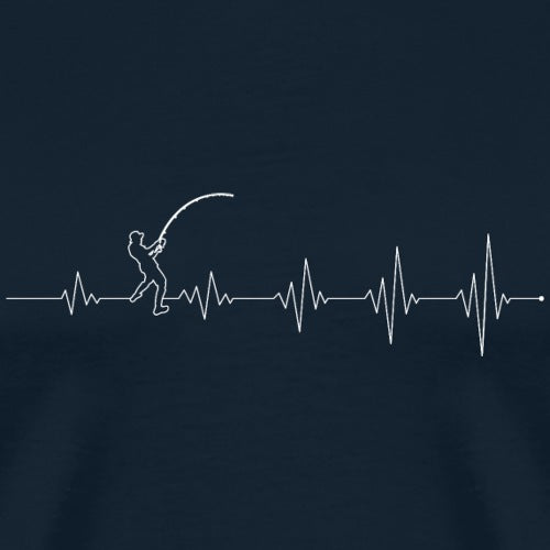 Navy blue t-shirt with a white line art design of a person fishing and a heartbeat line on a dark background