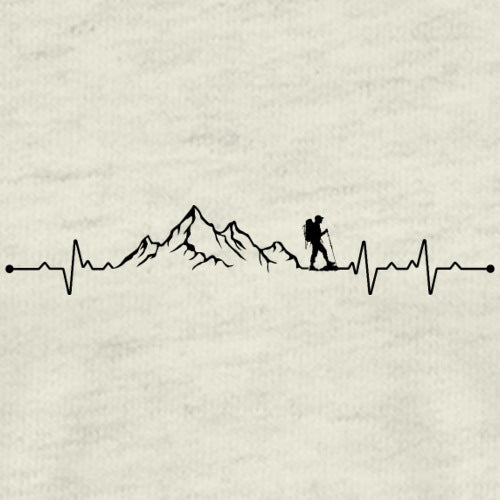 Heartbeat line design with mountains and a hiker on a beige background