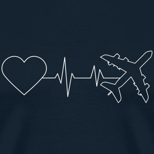 Outline of a heart and airplane connected by a heartbeat line on a dark background