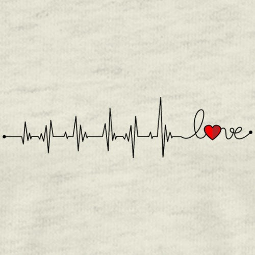 Heartbeat line with a red heart and love text on a textured beige background