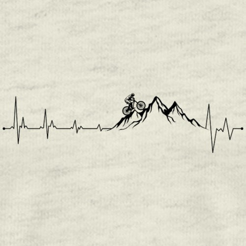 Heartbeat line with mountain and motorcycle rider illustration on a textured beige background