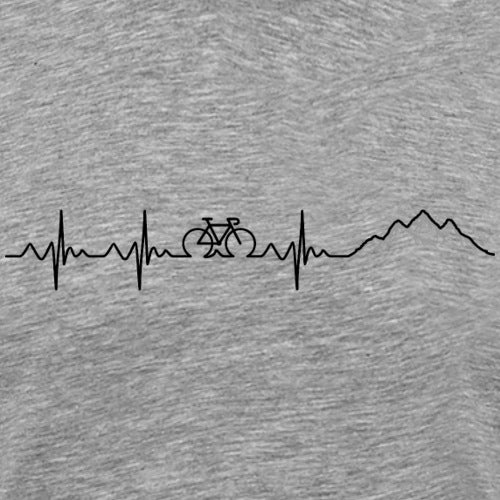 Heartbeat line design with a bicycle and mountain on a gray background