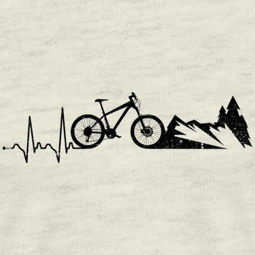 Mountain bike silhouette with a heart rate monitor line and mountains on a textured beige background