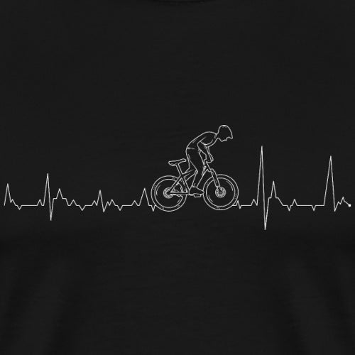 White silhouette of a cyclist on a black background with a heartbeat line