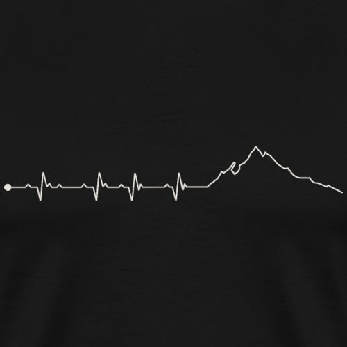 Men’s premium t-shirt featuring white mountain silhouette integrated with heartbeat line on black background, perfect for hikers, nature lovers, and outdoor lifestyle fashion