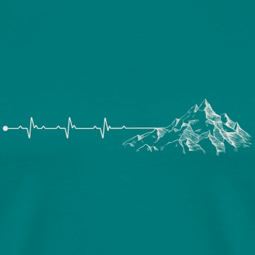 Mountain and heartbeat line design on a teal background