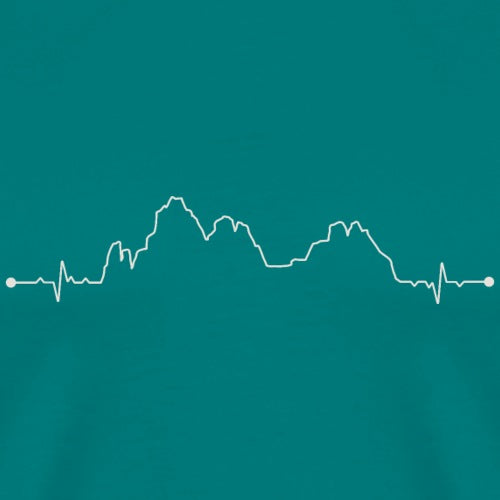 White line art of mountains on a teal background