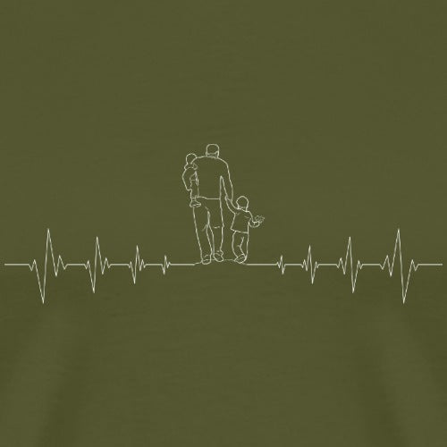 Outline of a man and child holding hands with a heartbeat line on a dark green background