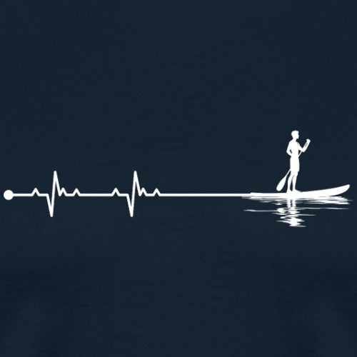 White silhouette of a person paddleboarding with a heart rate line on a dark background