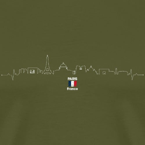 Green t-shirt with Paris skyline and French flag design on a dark green background