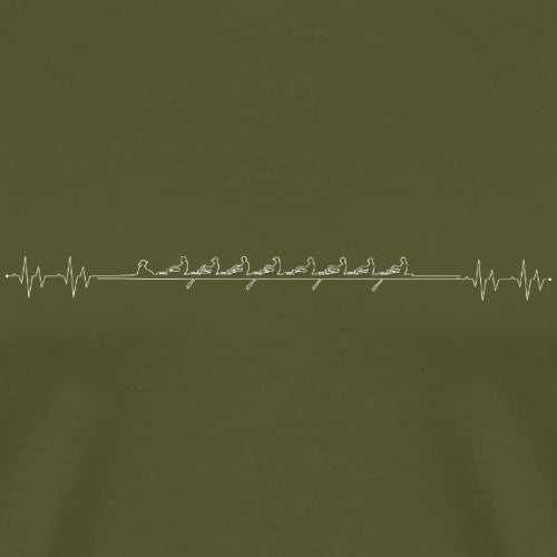 T-shirt with a design of birds on a wire and a heartbeat line on a green background