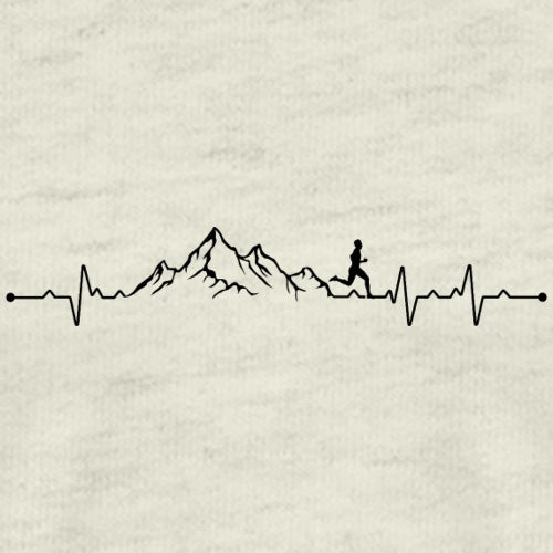 Heartbeat line design with mountains and a person on a beige background