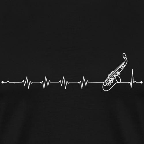 Black t-shirt with a white saxophone and heartbeat line design on a black background