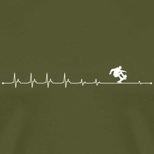 Green t-shirt with a white heartbeat line and snowboarder graphic on a solid background