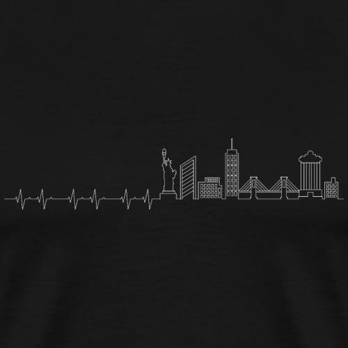 Black t-shirt with white line art of a city skyline and heartbeat line on a black background