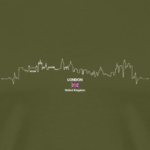 Men’s premium green t-shirt featuring white London skyline integrated with heartbeat line and “United Kingdom” text, ideal for UK travel lovers and urban-themed fashion